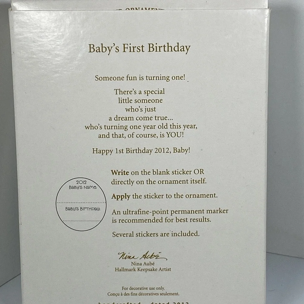 Hallmark Keepsake Ornament BABYS FIRST BIRTHDAY Balloons Cupcake Picture Sticker